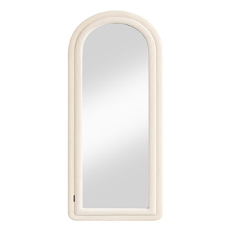 Auden 180cm Arch Full Length Mirror in Beige features an elegant arched design with a padded ivory bouclé frame, offering a chic, full-length reflection for any room.