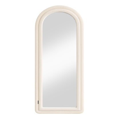 Auden 180cm Arch Full Length Mirror in Beige features an elegant arched design with a padded ivory bouclé frame, offering a chic, full-length reflection for any room.