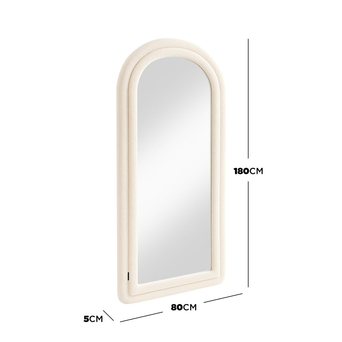 Auden 180cm Arch Full Length Mirror in Beige features a softly rounded top and cream-colored, textured bouclé frame, offering a full head-to-toe view for a stylish, space-enhancing effect.