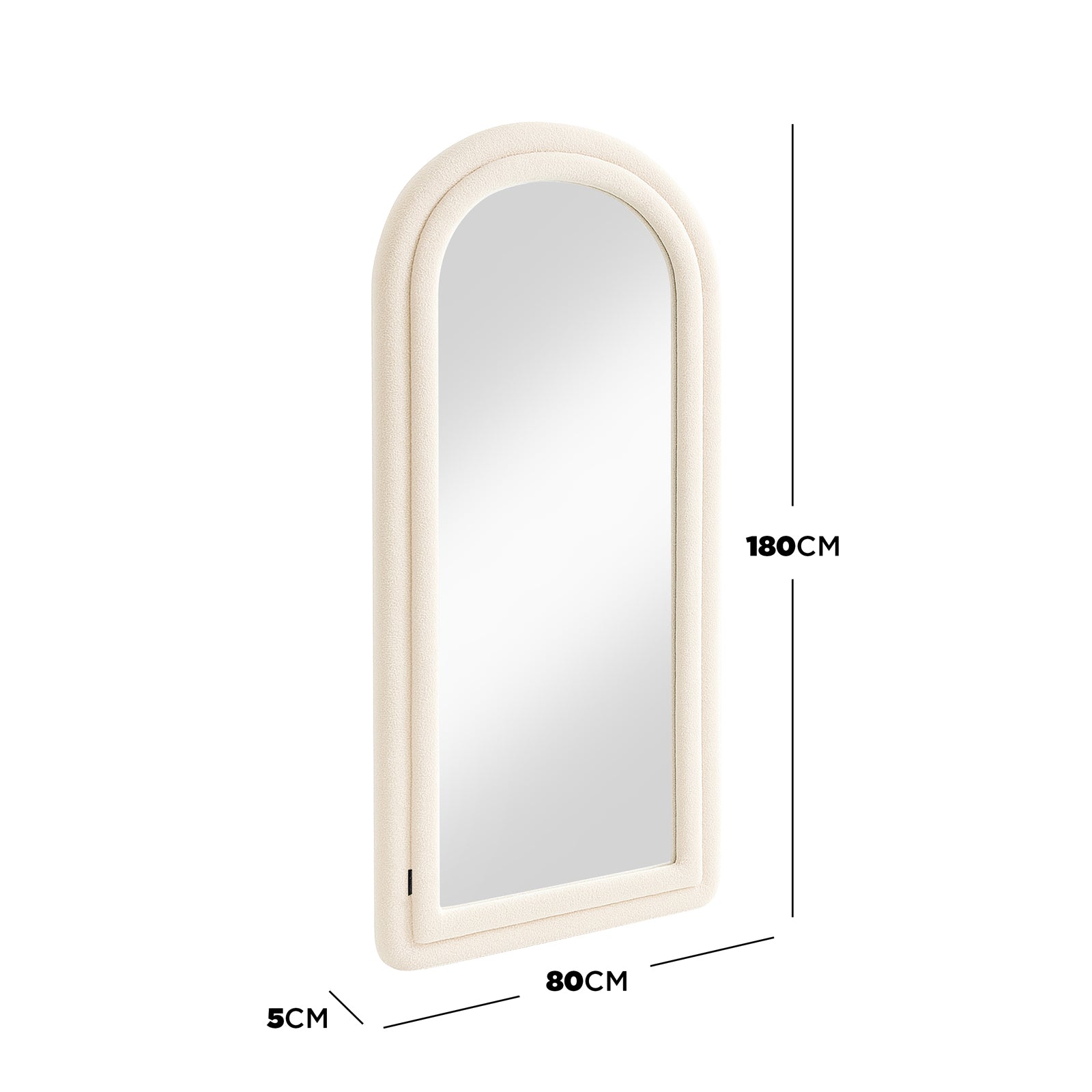 Auden 180cm Arch Full Length Mirror in Beige features a softly rounded top and cream-colored, textured bouclé frame, offering a full head-to-toe view for a stylish, space-enhancing effect.