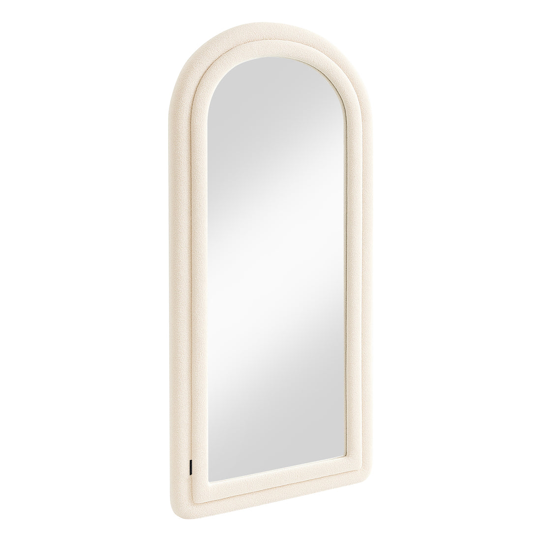 Auden 180cm Arch Full Length Mirror in Beige with a slim, cream-colored frame and softly rounded arch top, offering a full-length reflection ideal for enhancing bedroom or hallway spaces.
