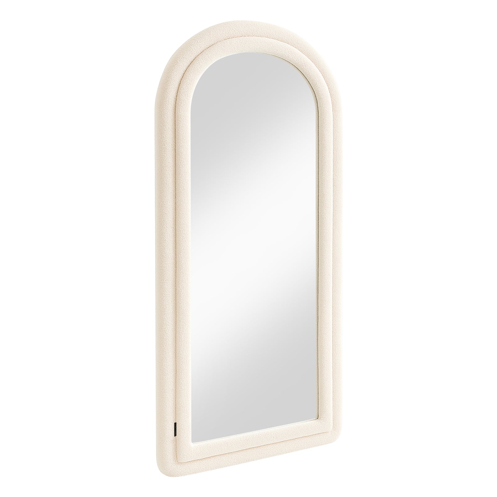 Auden 180cm Arch Full Length Mirror in Beige with a slim, cream-colored frame and softly rounded arch top, offering a full-length reflection ideal for enhancing bedroom or hallway spaces.