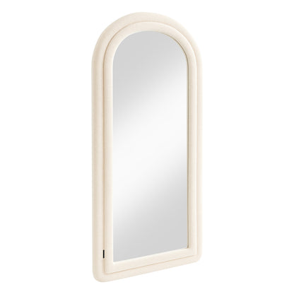 Auden 180cm Arch Full Length Mirror in Beige with a slim, cream-colored frame and softly rounded arch top, offering a full-length reflection ideal for enhancing bedroom or hallway spaces.