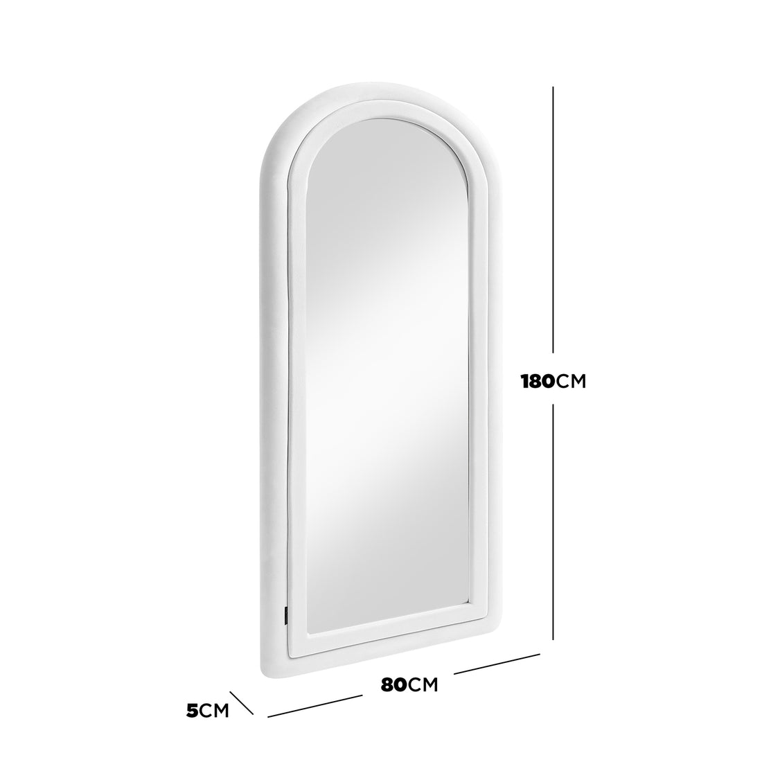 Auden 180cm Arch Full Length Mirror in Cream White features a softly rounded top, slim white frame, and velvet touch, ideal for hallways or bedrooms, offering a full-length reflection.