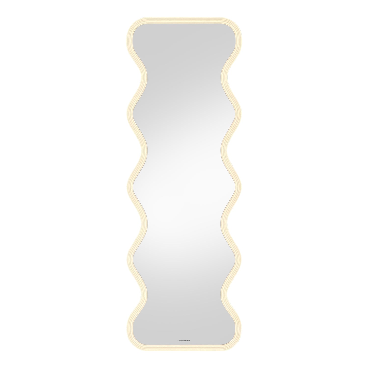 Full-length wavy-edge LED mirror on white background