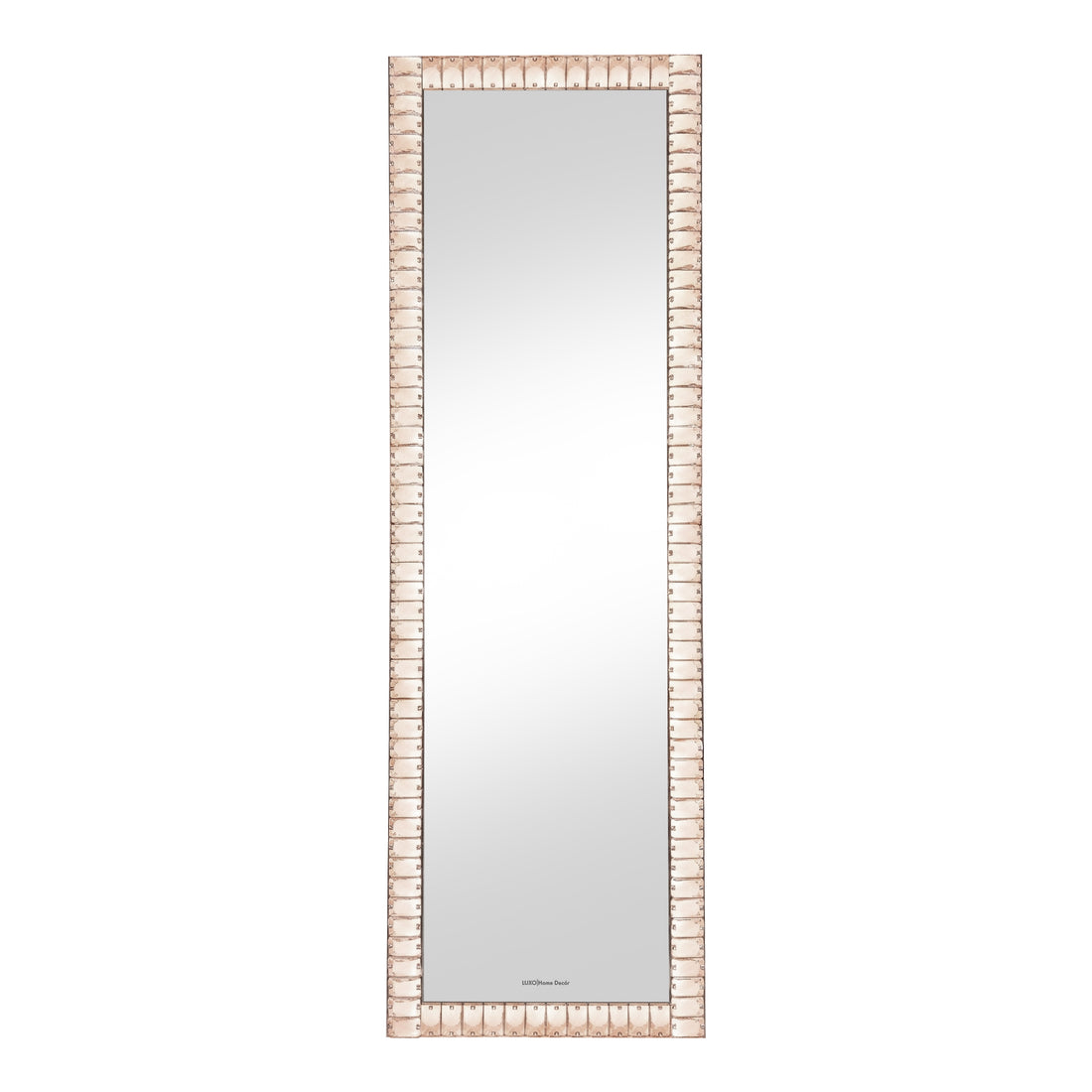 Full-length mirror with blush beaded frame on white background