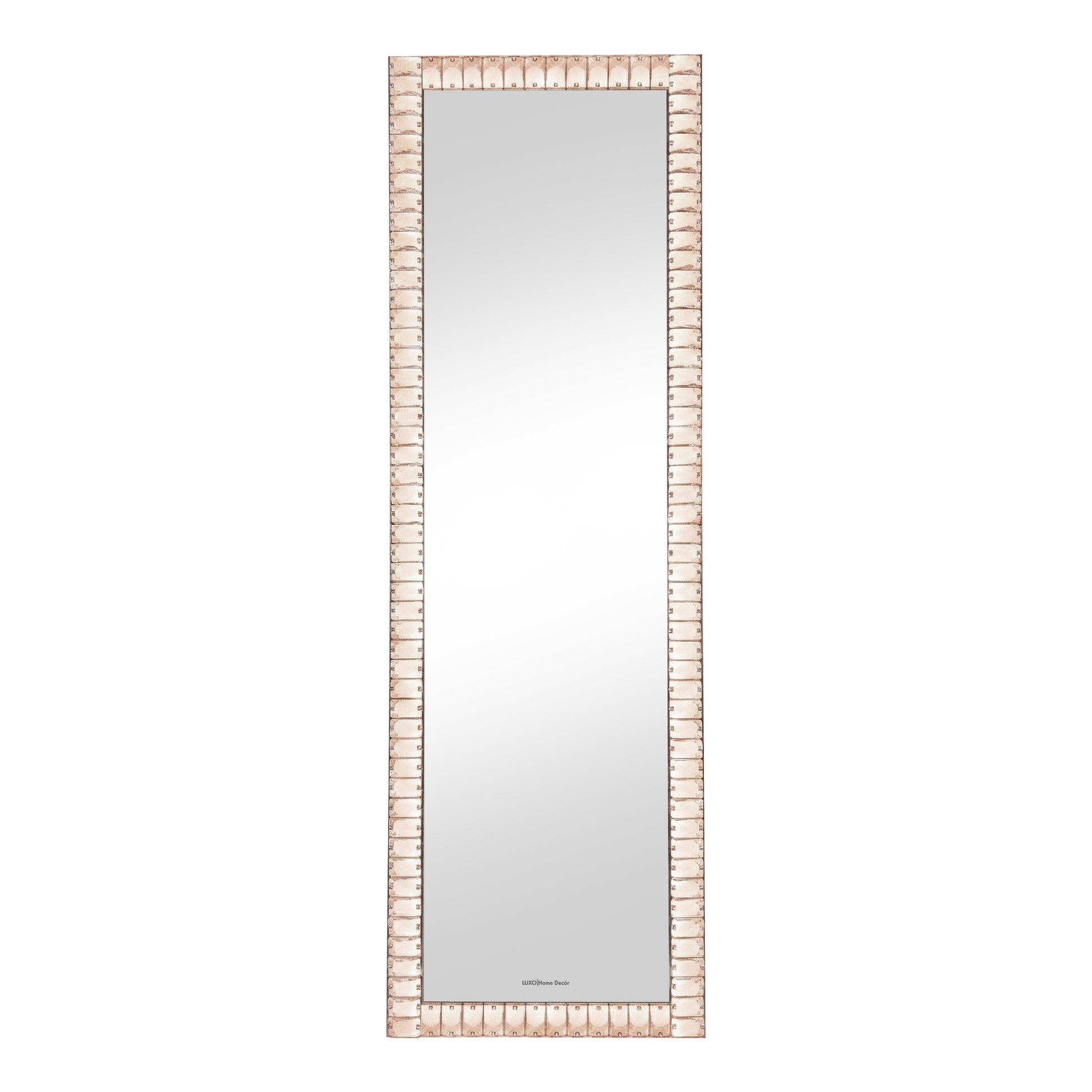 Full-length mirror with blush beaded frame on white background