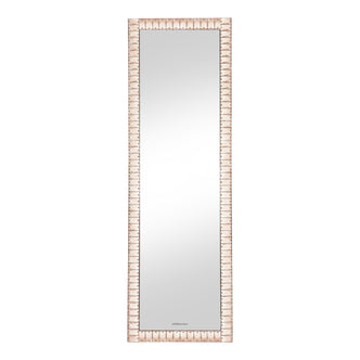 Full-length mirror with blush beaded frame on white background