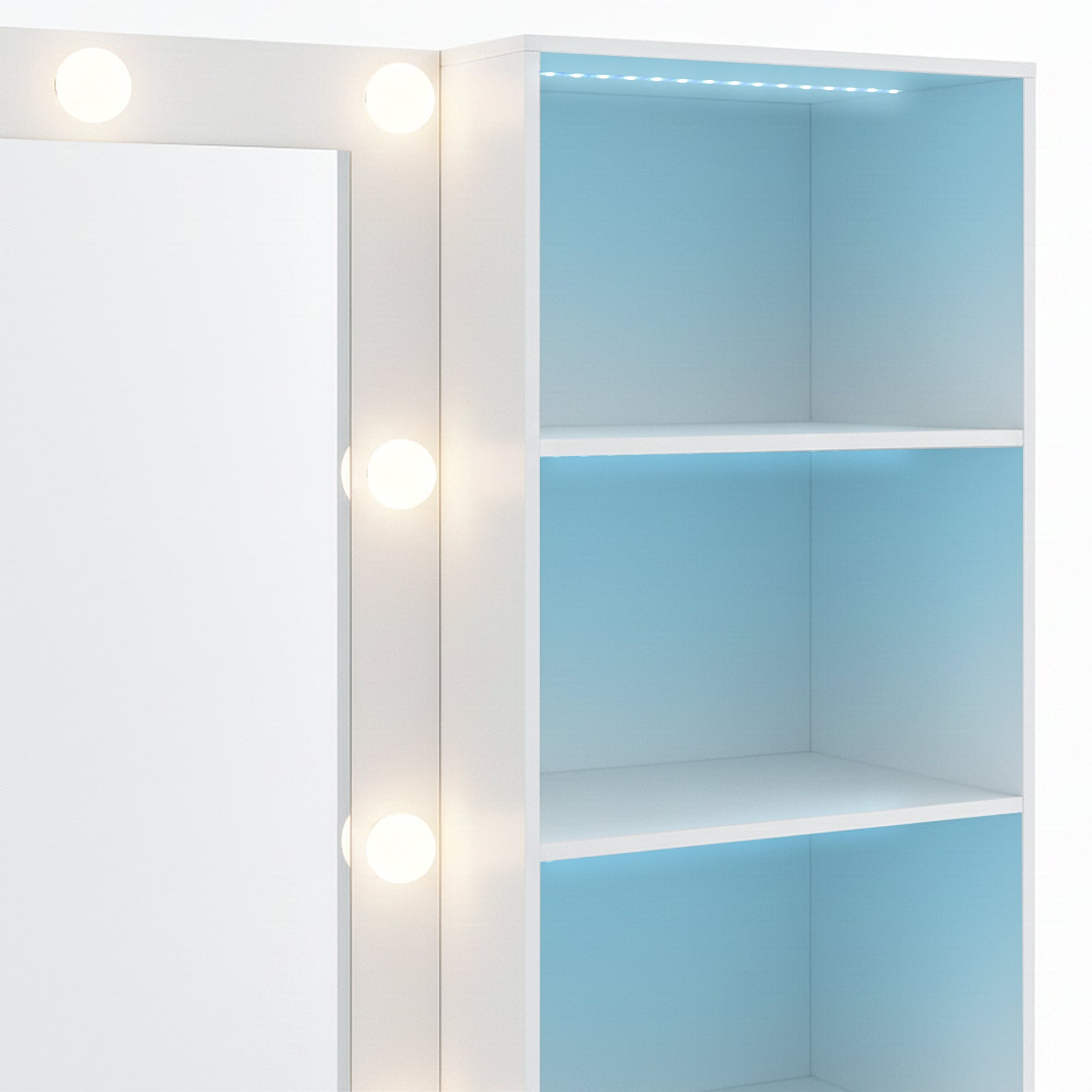 Detail of vanity mirror edge with bulbs and shelves on white background