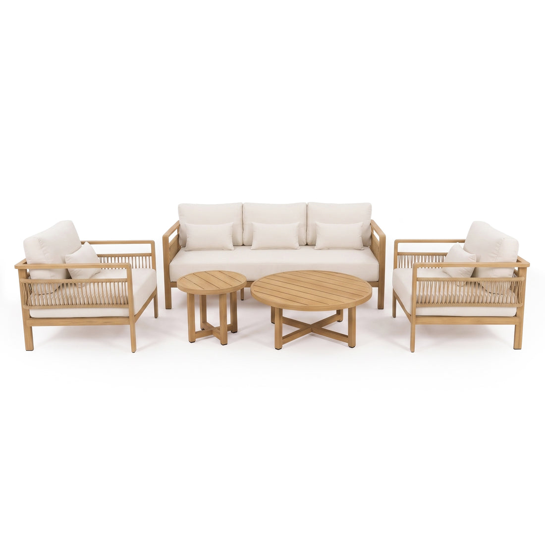 Complete outdoor lounge furniture set on a white background with sofa, armchairs, coffee table, and side table