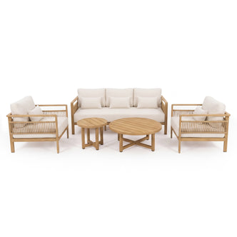 Complete outdoor lounge furniture set on a white background with sofa, armchairs, coffee table, and side table