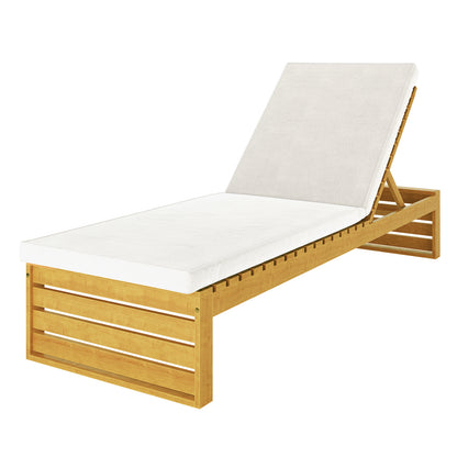 Alabat Acacia Wood Outdoor Sun Lounger with Cushion in Cream features an adjustable wooden frame and a plush white pad, designed for comfort and durability in outdoor settings.