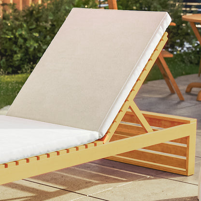 Alabat Acacia Wood Outdoor Sun Lounger with Cushion in Cream shown with a light wooden frame, inclined backrest, and plush cushion on a patio, embodying comfort and elegance for outdoor relaxation.
