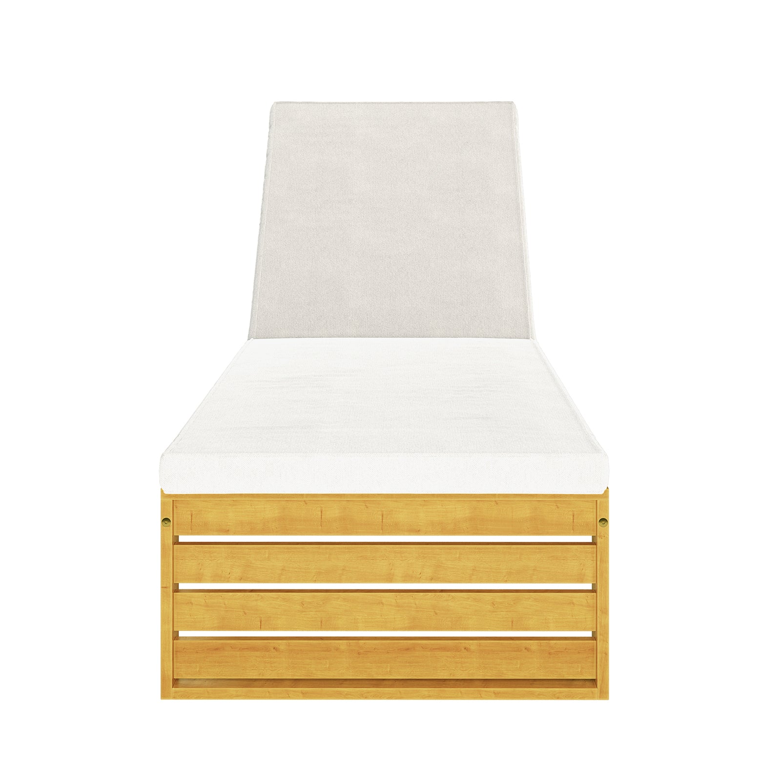 Alabat Acacia Wood Outdoor Sun Lounger with Cushion in Cream features a sturdy wooden frame, white mattress, and backrest cushion, offering ergonomic design and adjustable comfort for stylish outdoor relaxation.