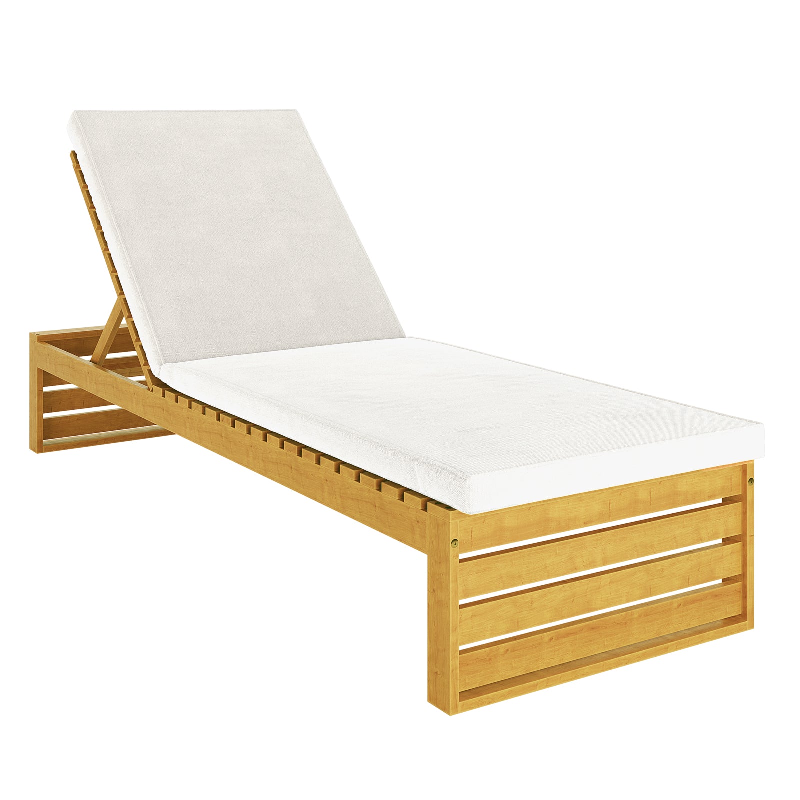 Alabat Acacia Wood Outdoor Sun Lounger with Cushion in Cream, featuring a slatted wooden frame, adjustable backrest, and plush white cushion, designed for outdoor relaxation and durability.