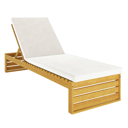 Alabat Acacia Wood Outdoor Sun Lounger with Cushion in Cream, featuring a slatted wooden frame, adjustable backrest, and plush white cushion, designed for outdoor relaxation and durability.