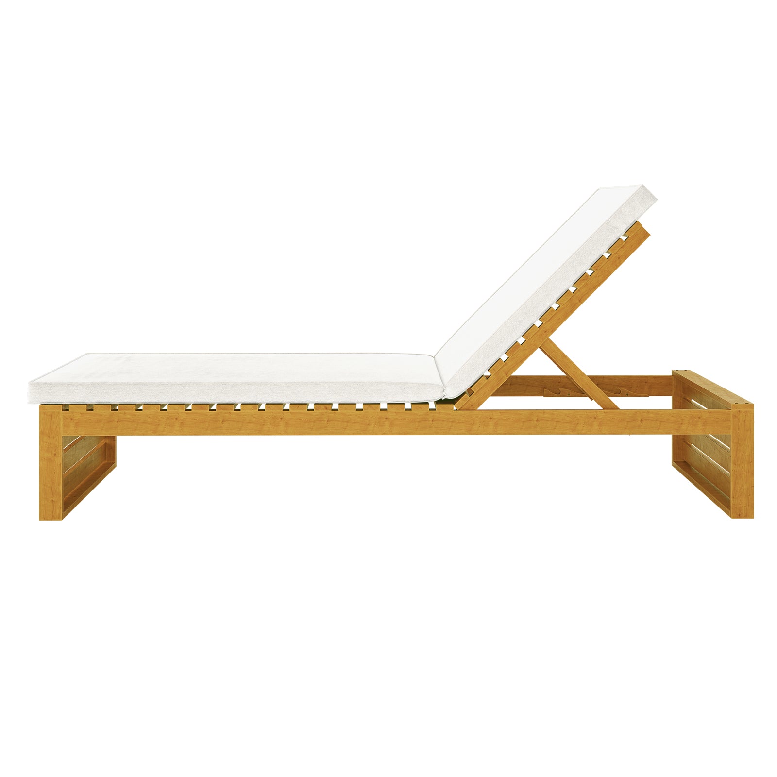 Alabat Acacia Wood Outdoor Sun Lounger with Cushion in Cream, featuring a slatted base, adjustable backrest, and plush white cushion, designed for ergonomic outdoor relaxation and weather resistance.