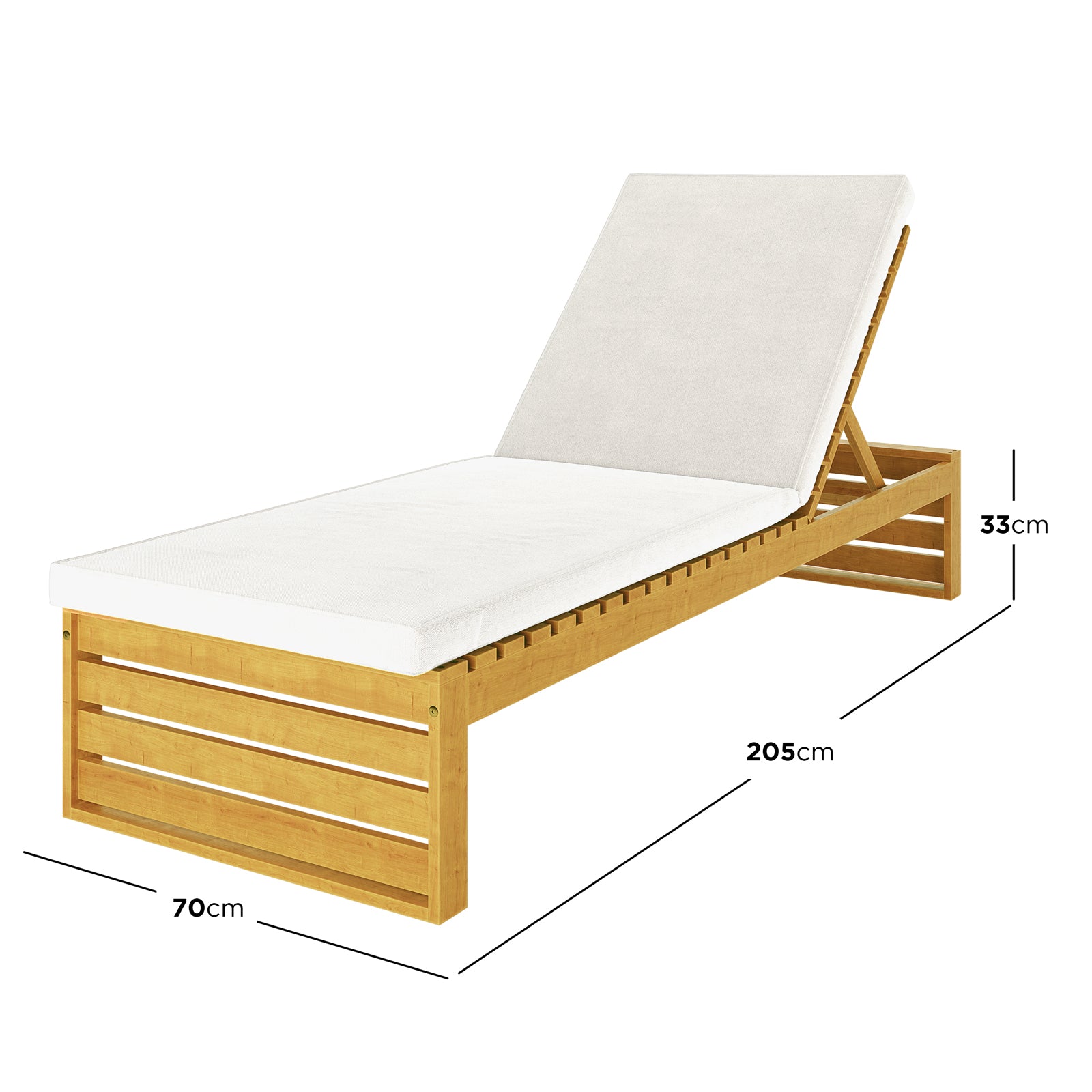 Alabat Acacia Wood Outdoor Sun Lounger with Cushion in Cream, featuring a wooden frame, white cushion, adjustable backrest, and ergonomic design for comfort, measuring 205 cm by 70 cm by 33 cm.