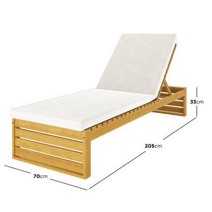 Alabat Acacia Wood Outdoor Sun Lounger with Cushion in Cream, featuring a wooden frame, white cushion, adjustable backrest, and ergonomic design for comfort, measuring 205 cm by 70 cm by 33 cm.
