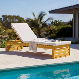 Alabat Acacia Wood Outdoor Sun Lounger with Cushion in Cream