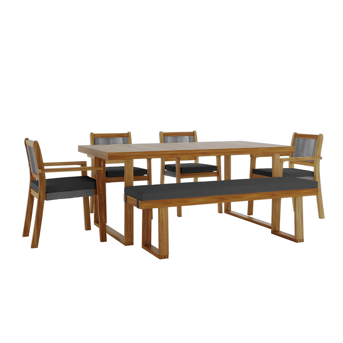 Albian 7 Seater Solid Timber Outdoor Dining Set Light Grey featuring a spacious wooden table with matching chairs, showcasing a modern rustic design with durable construction and removable cushions.
