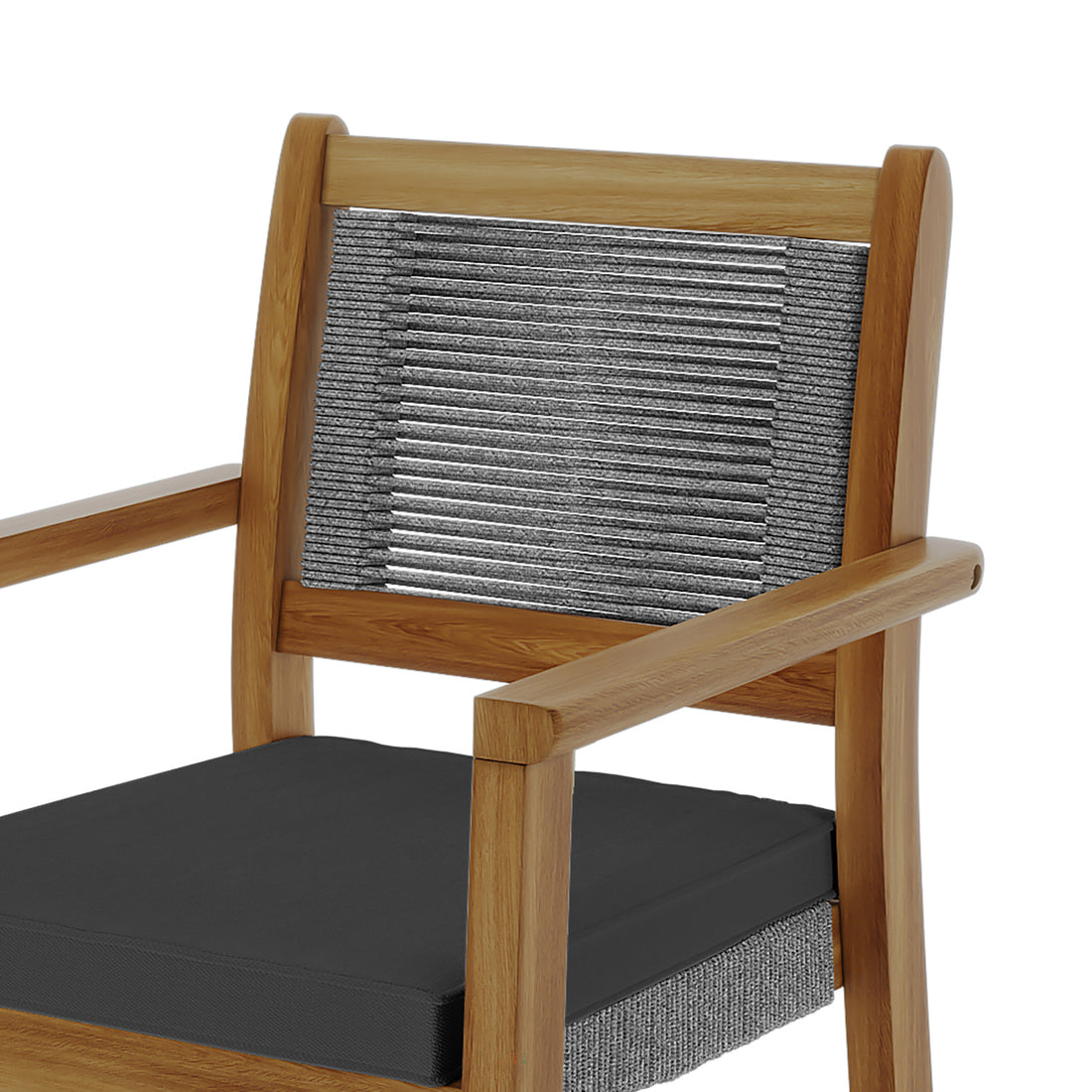 Close-up view of the Albian 7 Seater Solid Timber Outdoor Dining Set Light Grey, featuring solid acacia wood craftsmanship, modern woven rope accents, and plush cushions, emphasizing its robust design and spacious seating.