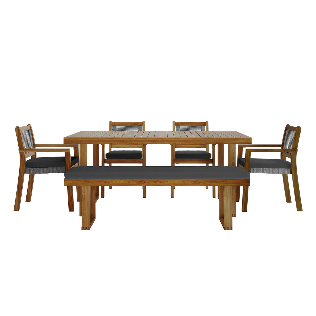 Albian 7 Seater Solid Timber Outdoor Dining Set Light Grey showcasing a spacious wooden table with UV-resistant woven rope accents and plush cushions, highlighting its modern rustic design and functional elegance.