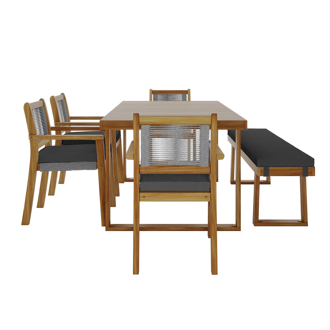 Close-up of the Albian 7 Seater Solid Timber Outdoor Dining Set Light Grey, showcasing its durable acacia wood build, woven rope accents, and plush weather-resistant cushions on a spacious table and chairs.