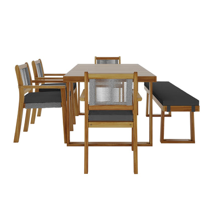 Close-up of the Albian 7 Seater Solid Timber Outdoor Dining Set Light Grey, showcasing its durable acacia wood build, woven rope accents, and plush weather-resistant cushions on a spacious table and chairs.