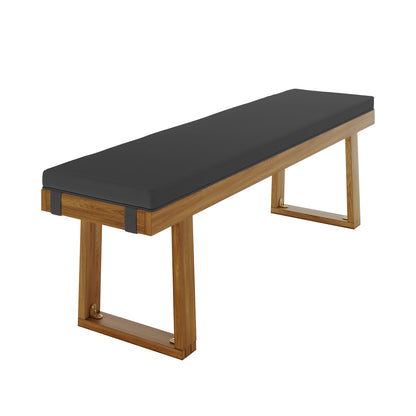 Albian 7 Seater Solid Timber Outdoor Dining Set Light Grey features a close-up view of a wooden bench with a black cushion, emphasizing its robust acacia wood construction and modern woven rope accents.