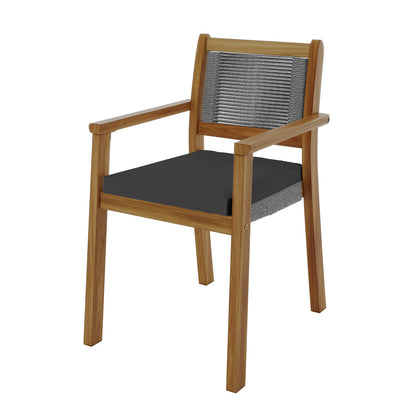 Albian 7 Seater Solid Timber Outdoor Dining Set Light Grey on a patio, featuring a wide acacia wood table with UV-resistant rope accents and plush, weather-resistant cushions on matching chairs.