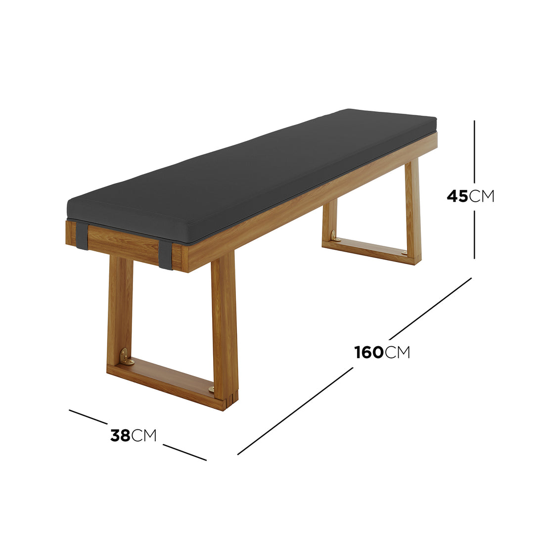Albian 7 Seater Solid Timber Outdoor Dining Set Light Grey features a close-up of a solid acacia wood table with a woven rope accent and a bench with a black cushion, showcasing modern rustic design.