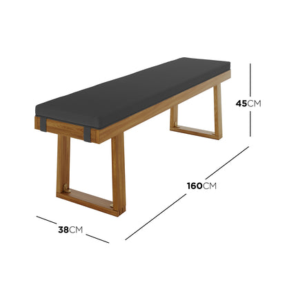 Albian 7 Seater Solid Timber Outdoor Dining Set Light Grey features a close-up of a solid acacia wood table with a woven rope accent and a bench with a black cushion, showcasing modern rustic design.