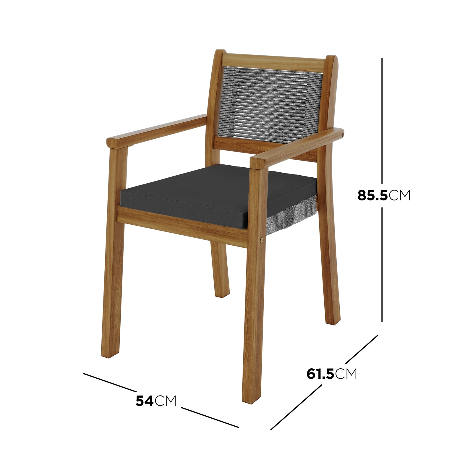 Albian 7 Seater Solid Timber Outdoor Dining Set Light Grey shown with a cushion on a chair, highlighting the chair's design and measurements, emphasizing its modern rustic appeal and spacious seating.