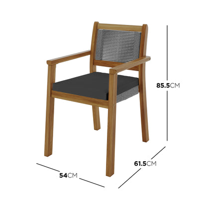 Albian 7 Seater Solid Timber Outdoor Dining Set Light Grey shown with a cushion on a chair, highlighting the chair's design and measurements, emphasizing its modern rustic appeal and spacious seating.