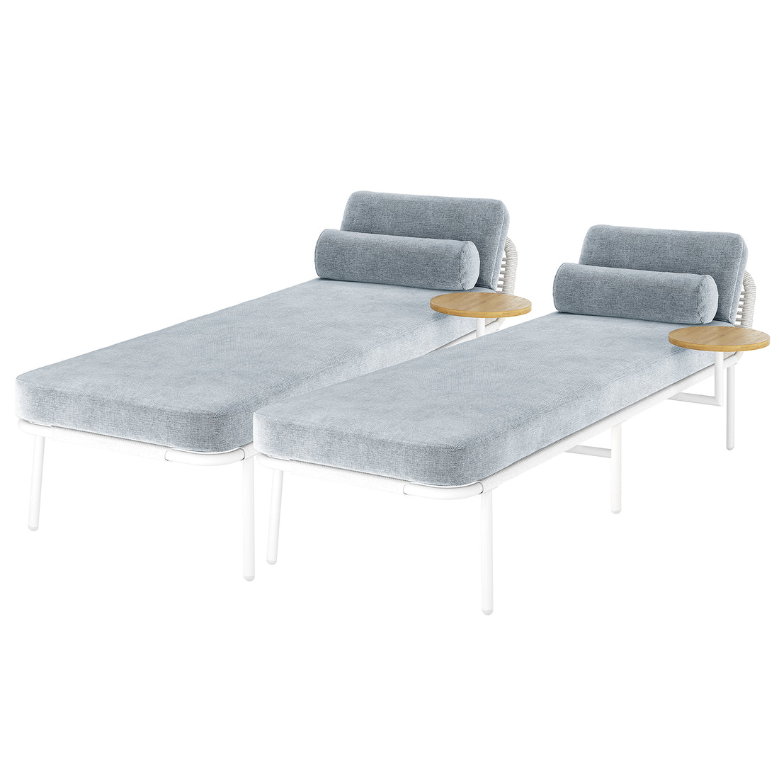 Andre Wicker Outdoor Sun Lounger Set of 2 in Light Grey features modern chaise-lounge style daybeds with white metal frames, light grey upholstered cushions, cylindrical bolster pillows, and small round wooden tabletops.