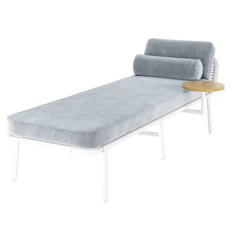 Andre Wicker Outdoor Sun Lounger Set of 2 in Light Grey features a slim metal frame, light blue-grey cushion, bolster pillow, angled back cushion, and attached wooden side table.