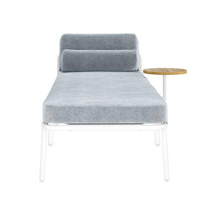 Andre Wicker Outdoor Sun Lounger Set of 2 in Light Grey features a modern white metal frame, light blue upholstered cushion, cylindrical bolster pillow, and an attached round wooden side table.