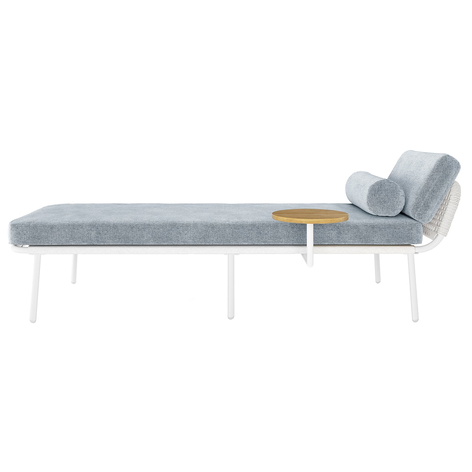 Andre Wicker Outdoor Sun Lounger Set of 2 in Light Grey features a modern daybed with a white metal frame, light-blue cushion, cylindrical bolster pillow, and a round wooden side table.