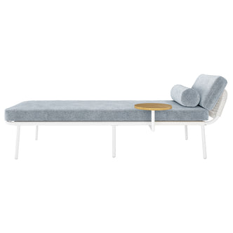 Andre Wicker Outdoor Sun Lounger Set of 2 in Light Grey features a modern daybed with a white metal frame, light-blue cushion, cylindrical bolster pillow, and a round wooden side table.