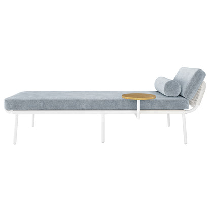 Andre Wicker Outdoor Sun Lounger Set of 2 in Light Grey features a modern daybed with a white metal frame, light-blue cushion, cylindrical bolster pillow, and a round wooden side table.