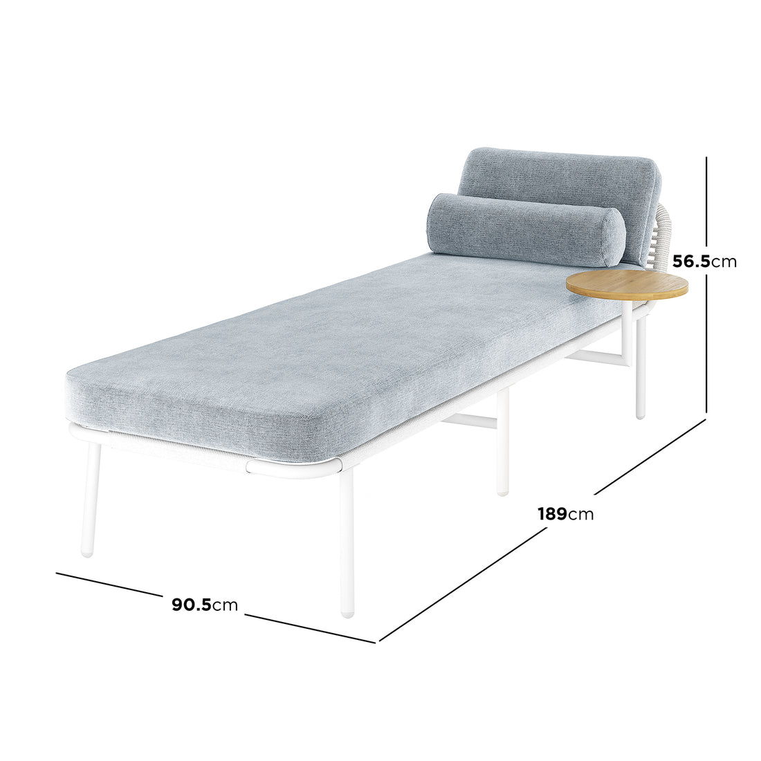 Andre Wicker Outdoor Sun Lounger Set of 2 in Light Grey, featuring a modern chaise on a white metal frame with light-blue/grey fabric, matching bolster pillow, and attached wooden side table. Measurements included.