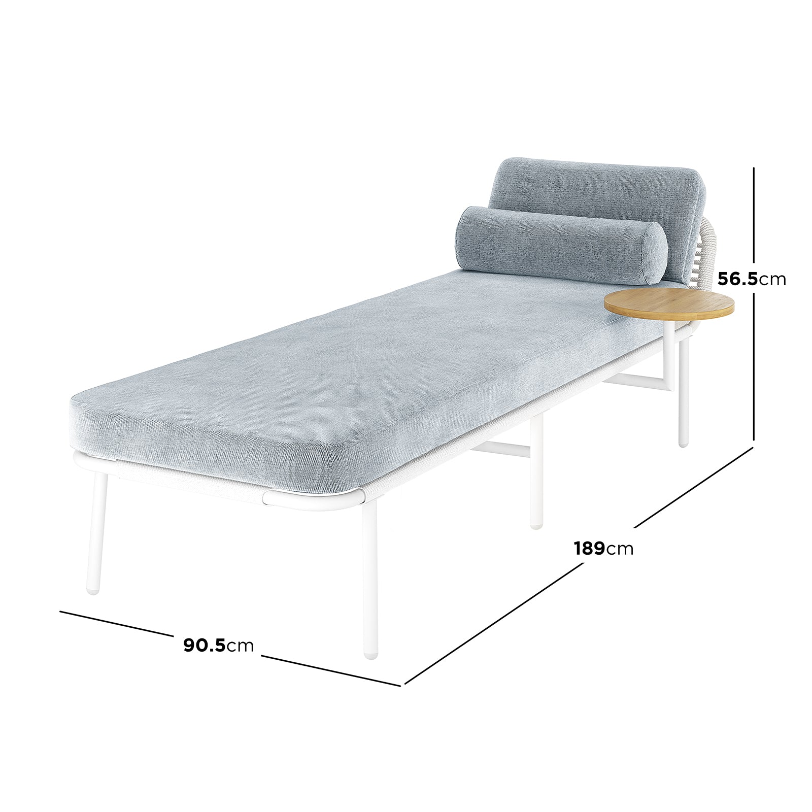 Andre Wicker Outdoor Sun Lounger Set of 2 in Light Grey, featuring a modern chaise on a white metal frame with light-blue/grey fabric, matching bolster pillow, and attached wooden side table. Measurements included.