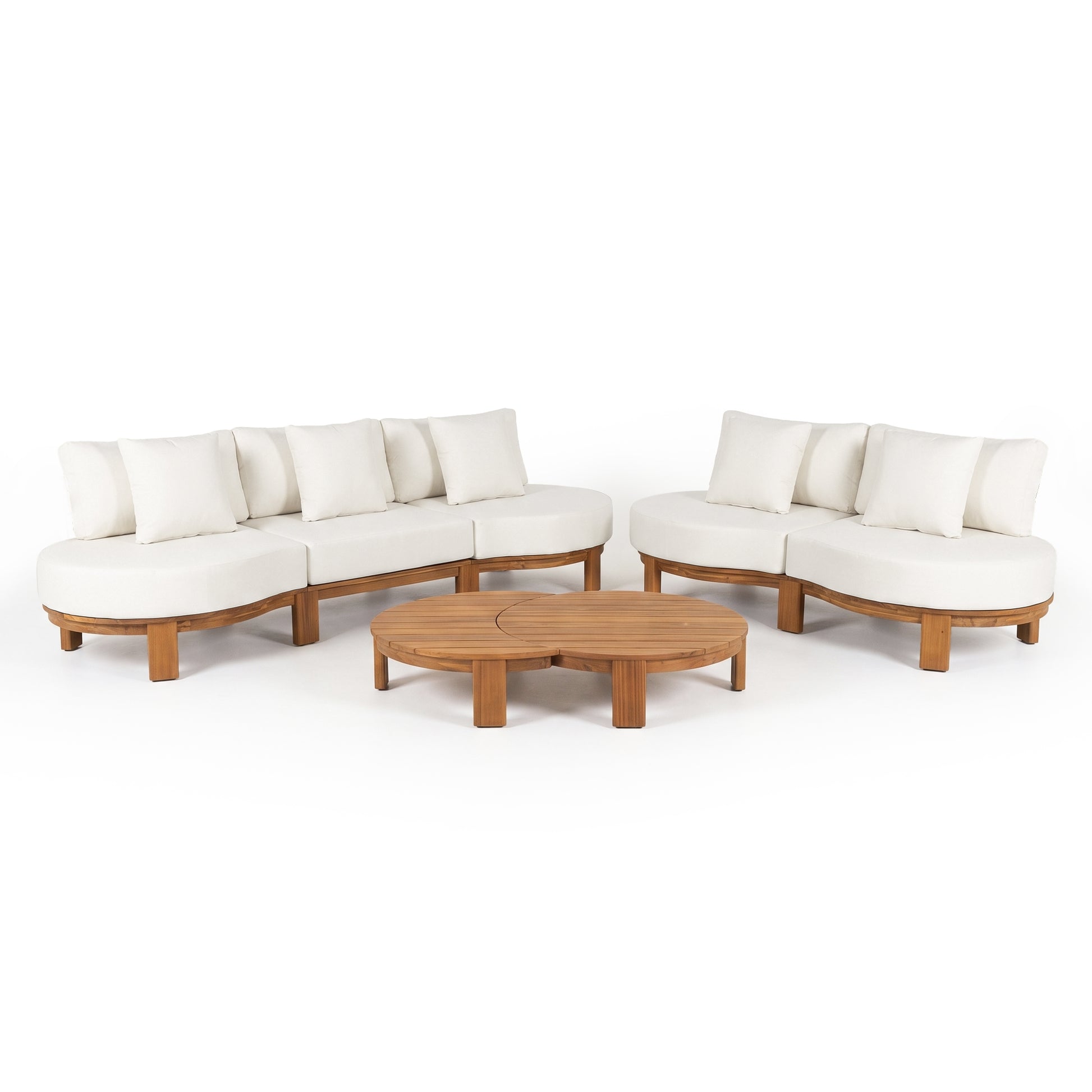 Complete modern furniture set with two curved sofas and a matching coffee table on a white background.