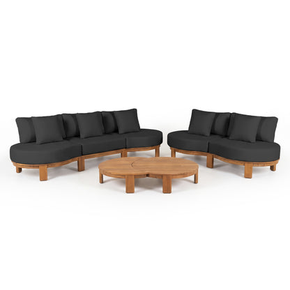 Modern modular outdoor sectional sofa set with curved couches and matching wooden coffee table on white background