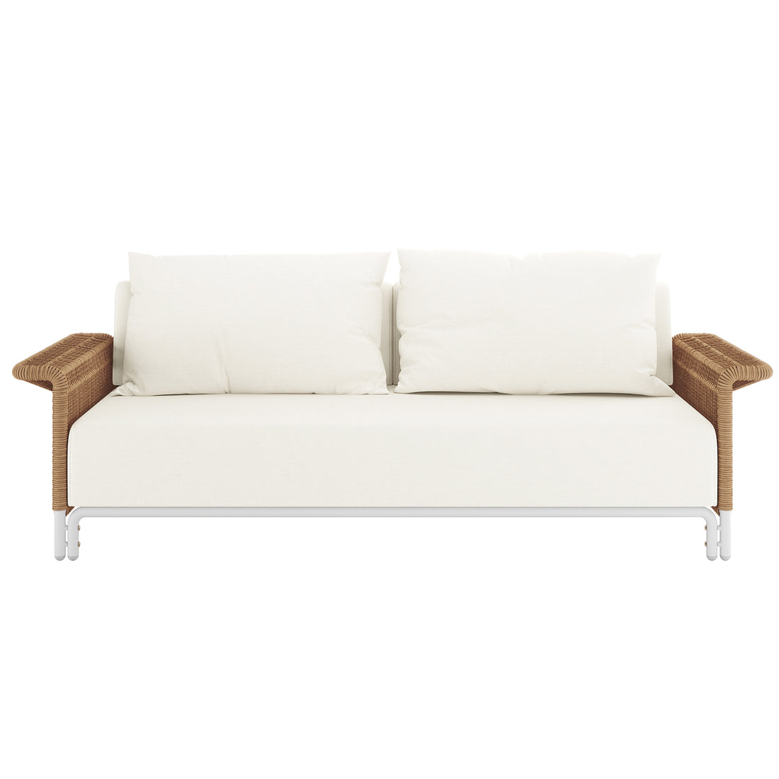 Avon 5-Seater Premium Aluminium Rattan Outdoor Lounge Set features a close-up of a plush bed-like cushion, a sleek white couch with pillows, and a sturdy bed frame design.