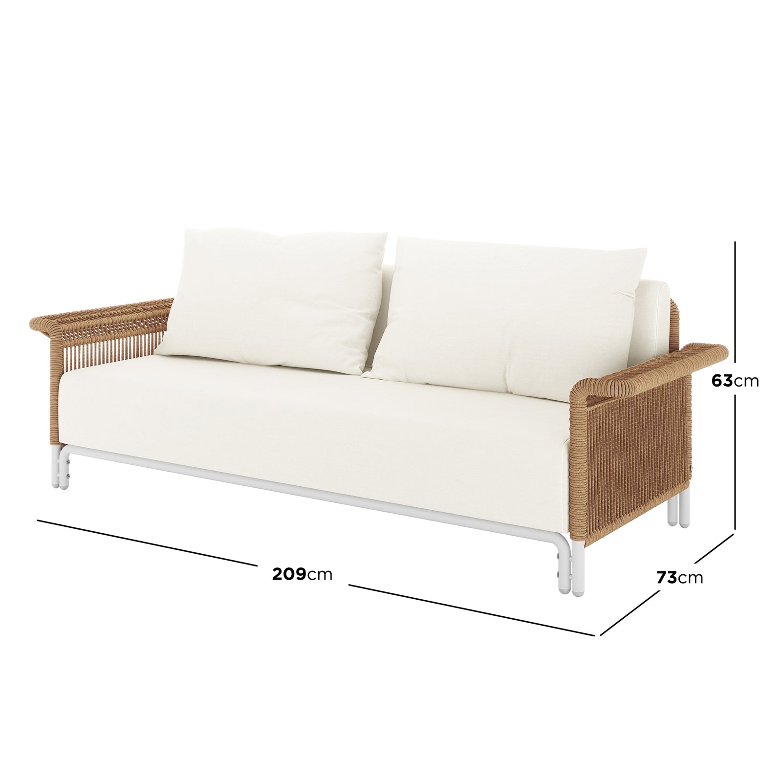 Avon 5-Seater Premium Aluminium Rattan Outdoor Lounge Set Cream White, showcasing a plush white pillow on a sleek, durable rattan sofa, designed for luxurious outdoor comfort and relaxation.