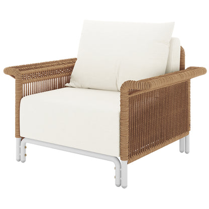Avon 5-Seater Premium Aluminium Rattan Outdoor Lounge Set featuring wicker construction with plush cushions, designed for outdoor use. Includes single sofas, a 3-seater, and a coffee table.