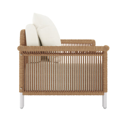 Avon 5-Seater Premium Aluminium Rattan Outdoor Lounge Set Cream White features close-ups of a wicker armrest, plush pillow, and full chair, highlighting its elegant design and comfort-focused details.