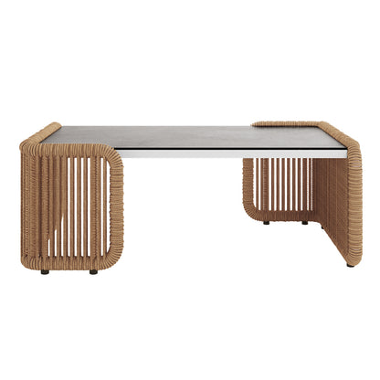 Avon 5-Seater Premium Aluminium Rattan Outdoor Lounge Set with a close-up of the chic outdoor coffee table, showcasing the elegant marble-look ceramic tempered glass tabletop and robust design.